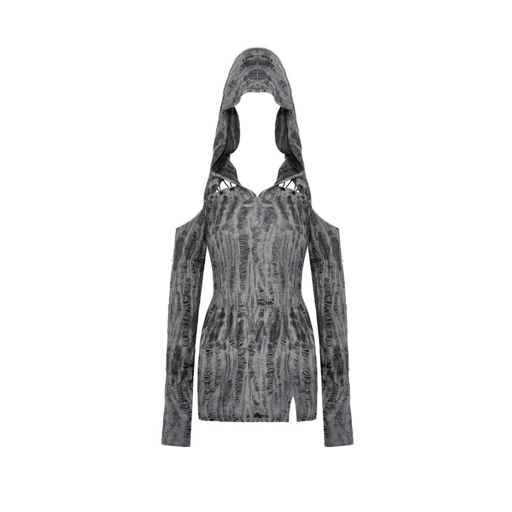 Dark in Love - Punk ragged sexy shoulder hooded Haut long - Gris